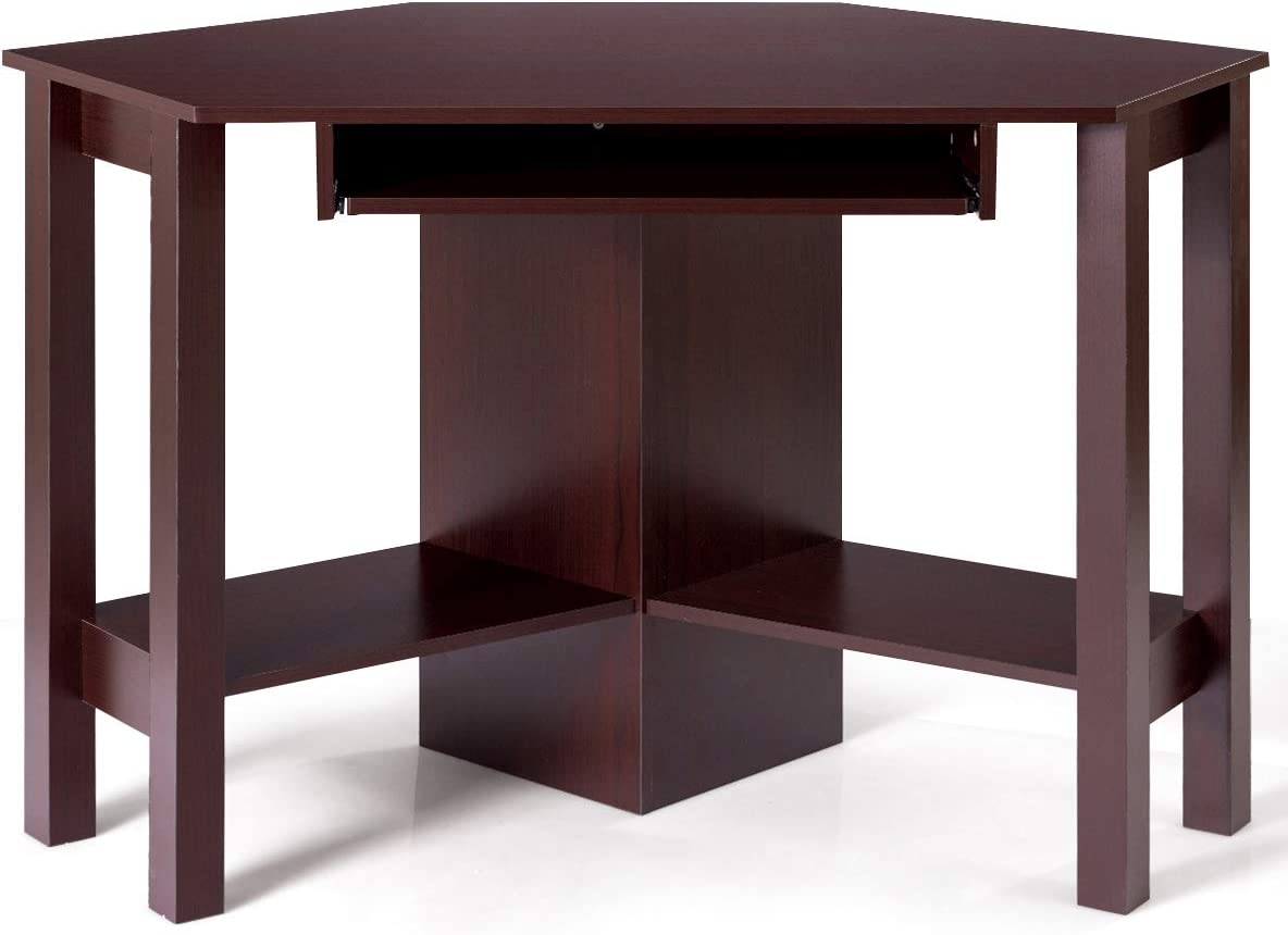 Corner Computer Desk, Cherry - Tangkula